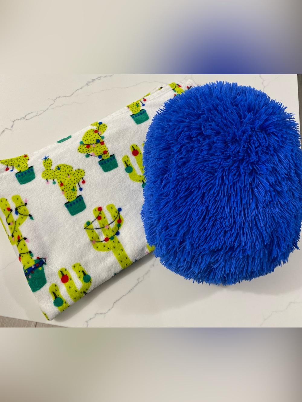 Cute Cactus Throw Blanket + Royal Blue Fuzzy Accent Pillow Bundle